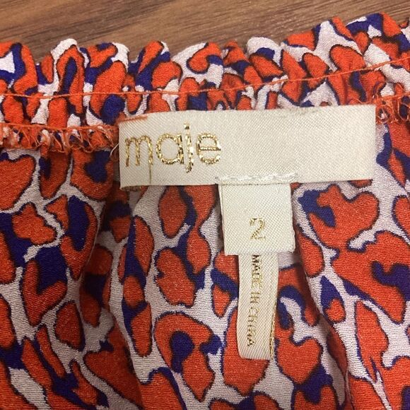 Maje Paris Rafia Print Mini Dress with Smocked Waist. Orange/Blue. Size Medium. - Picture 7 of 9